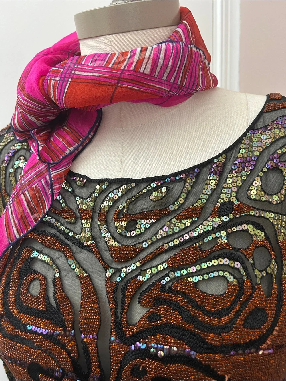 Ugna silk chiffon Vibrant Pink & red Plaid Square Scarf printed look rolled hem